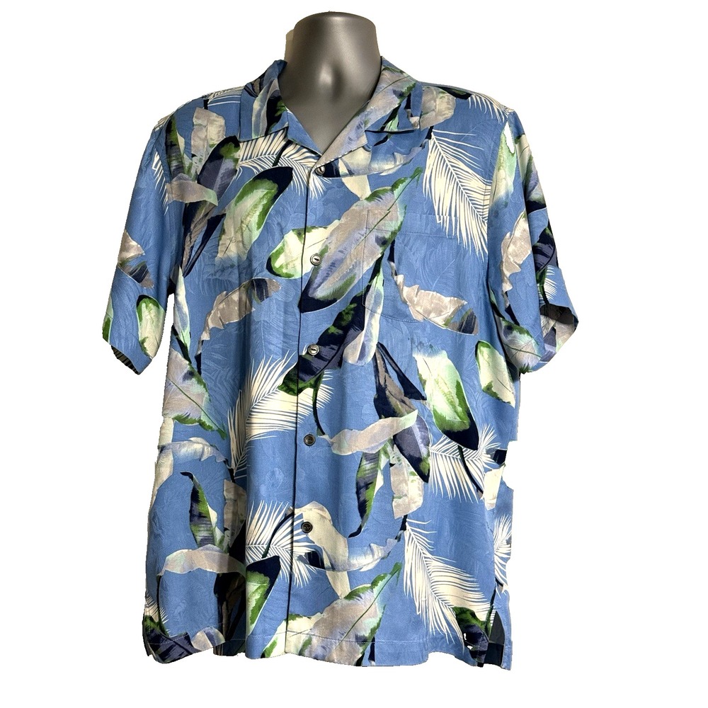 Tommy Bahama Hawaiian Shirt‎ Mens 100% Silk Blue Sky Floral Beach Palm Tree Sz L
